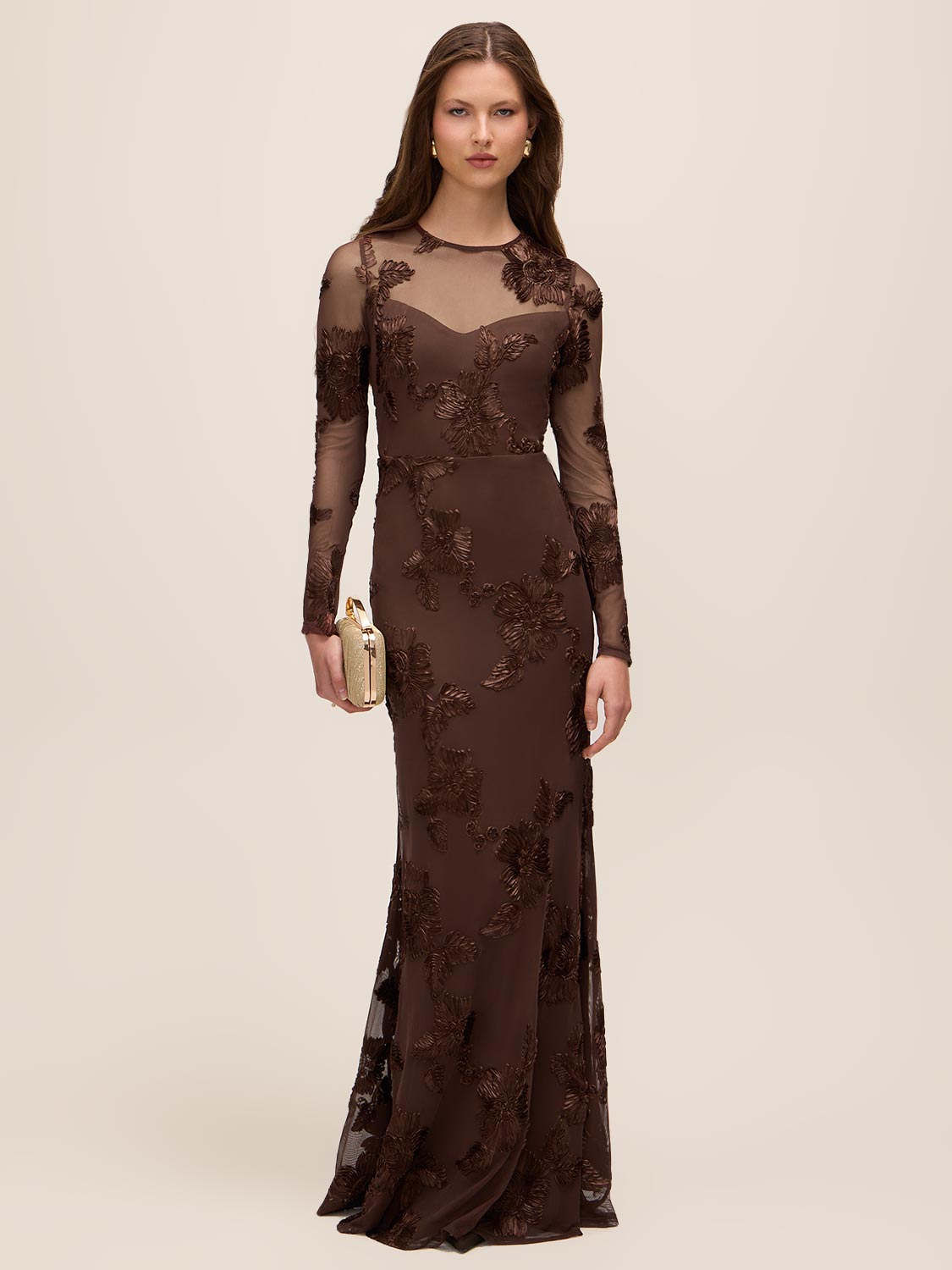 Mocha Soutache Floral Mesh Gown - Front View - Le Chateau