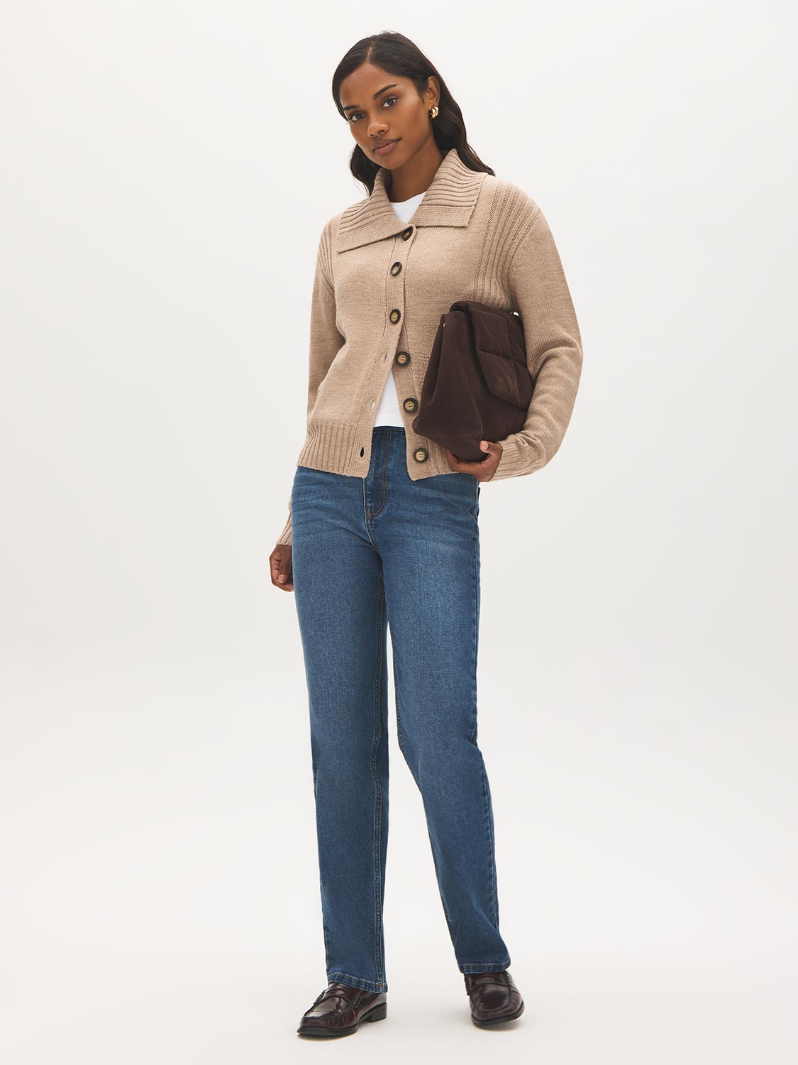 Natural Melange Button-Front Knit Cardigan - Front View - Suzy Shier