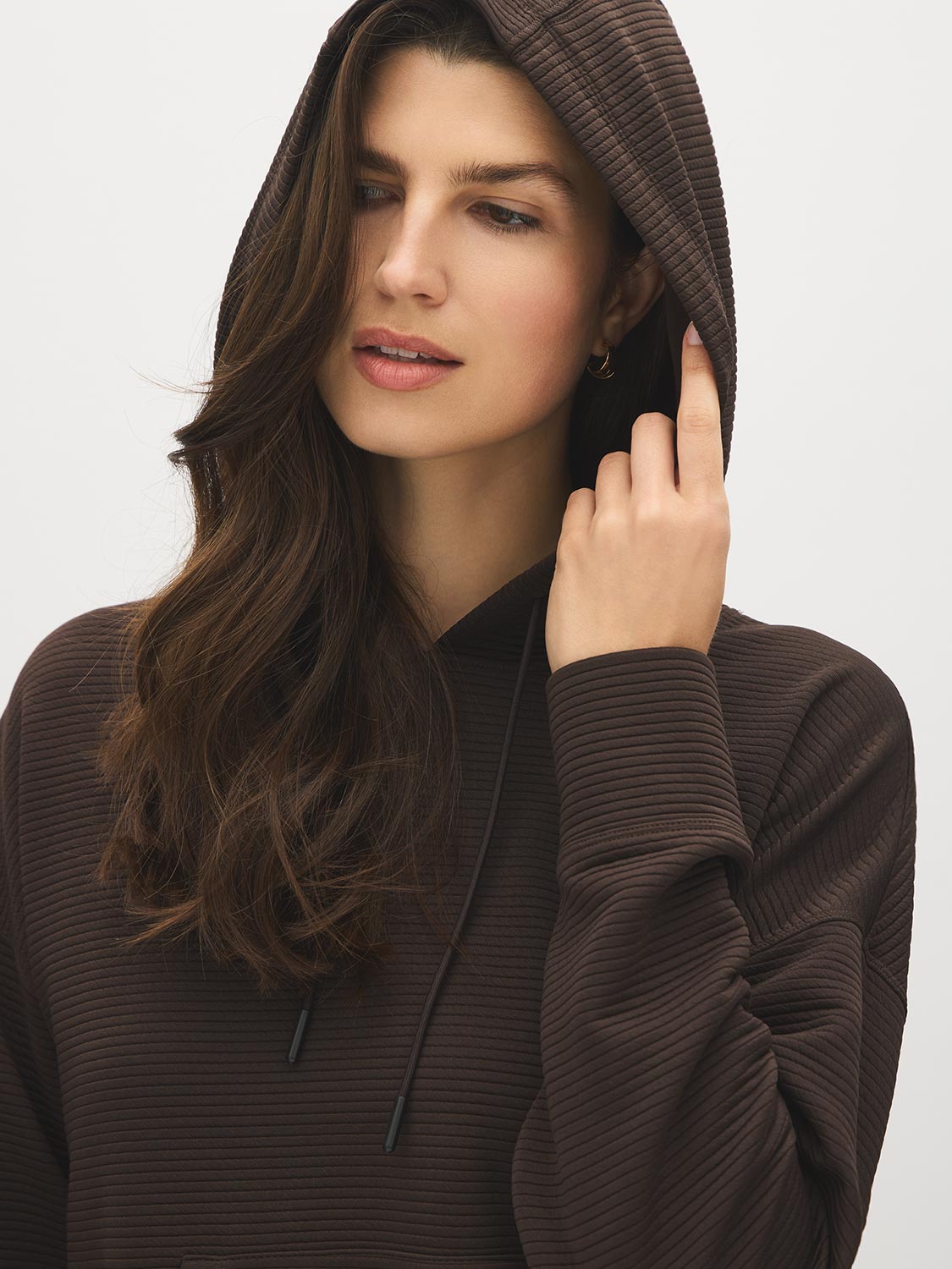 Dk Brown Ottoman Rib Hoodie with Kangaroo Pocket - Hood Detail - Suzy Shier