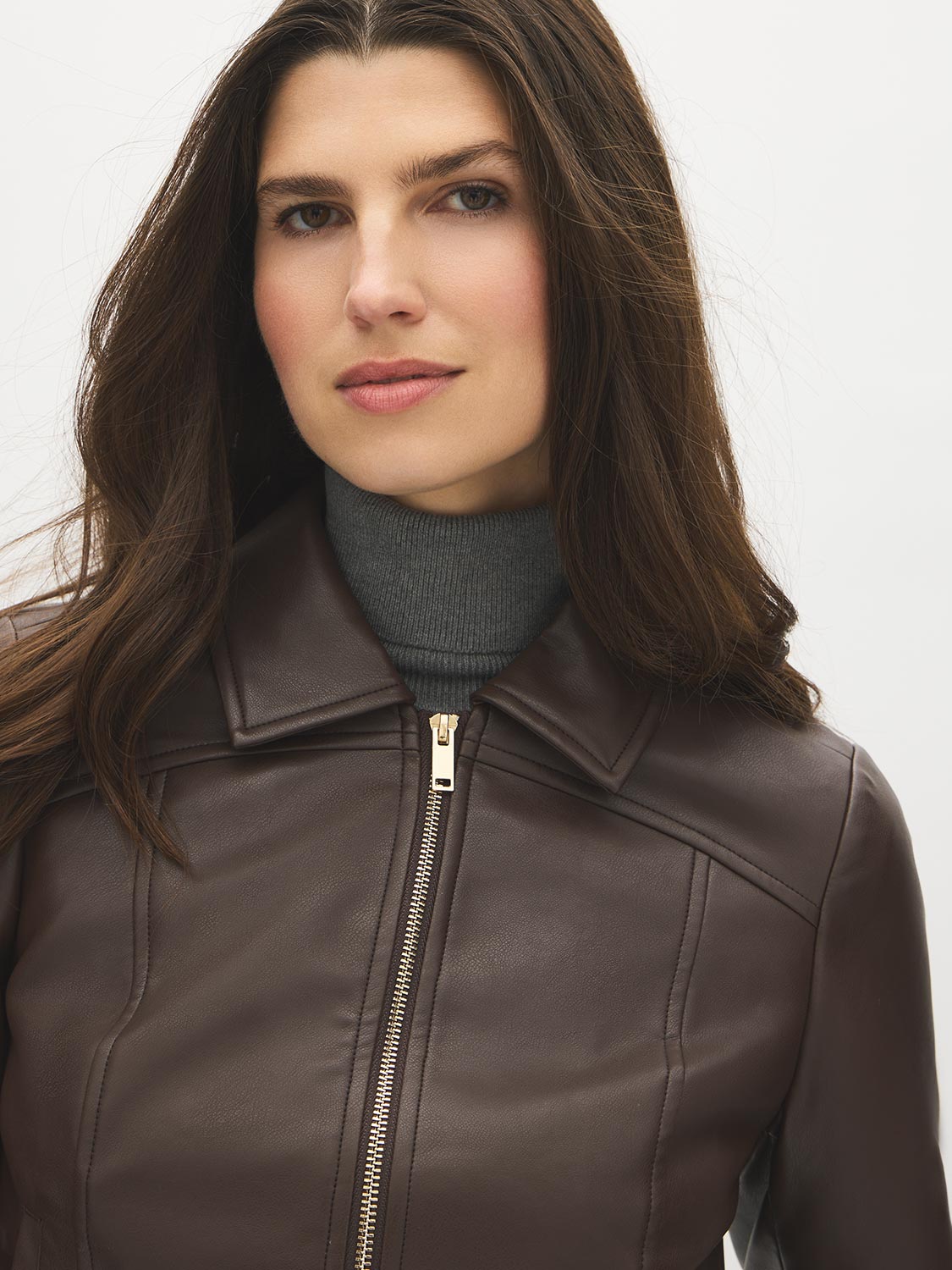Brown Vegan Leather Shorts with Front Zipper - Close-up Collar Detail - Suzy Shier