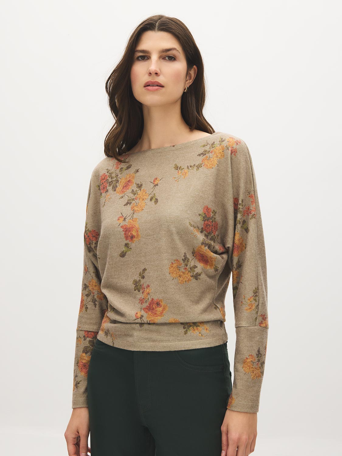 Elmwood Floral Batwing Knit Top - Woman Wearing Soft Hacci Knit Blouse - Suzy Shier
