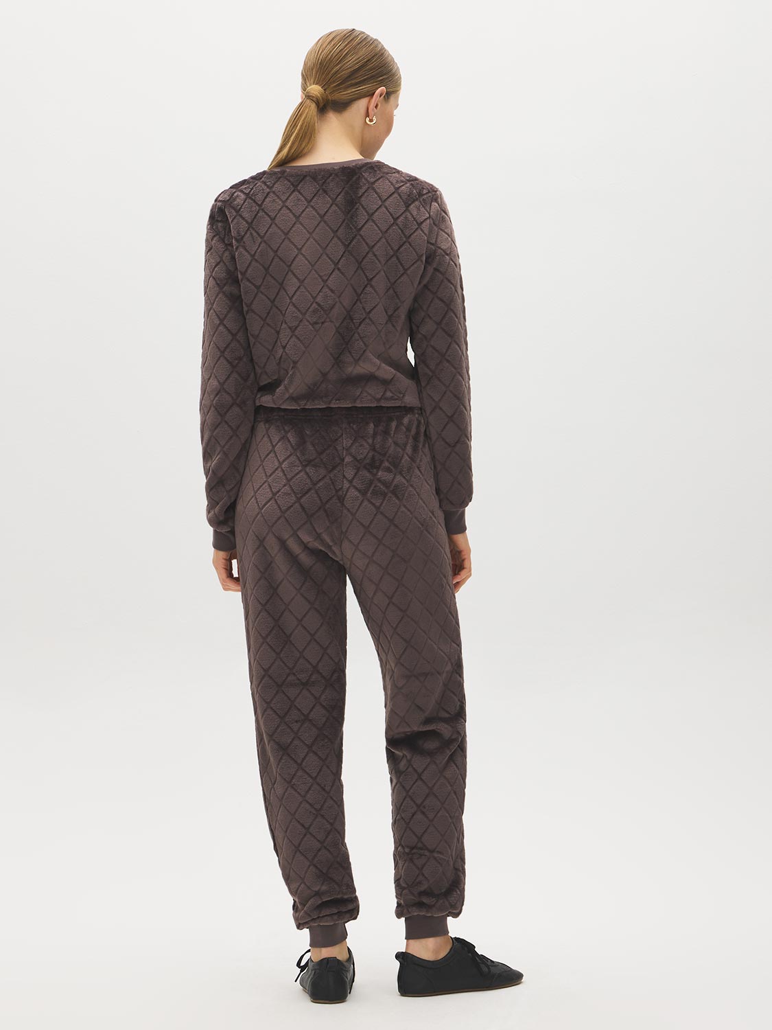 Coffee Diamond Pattern Plush PJ Set - Back View - Suzy Shier