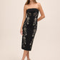 Black Strapless Knit Crepe Midi Dress with Floral Studs - Woman Wearing Elegant Evening Dress - Le Chateau