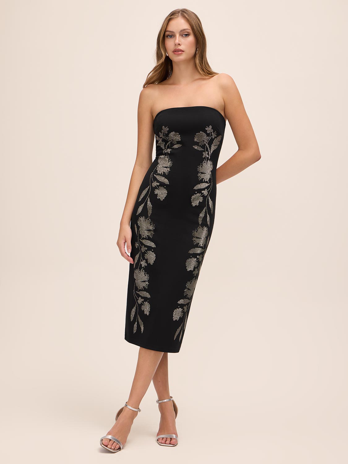 Black Strapless Knit Crepe Midi Dress with Floral Studs - Woman Wearing Elegant Evening Dress - Le Chateau
