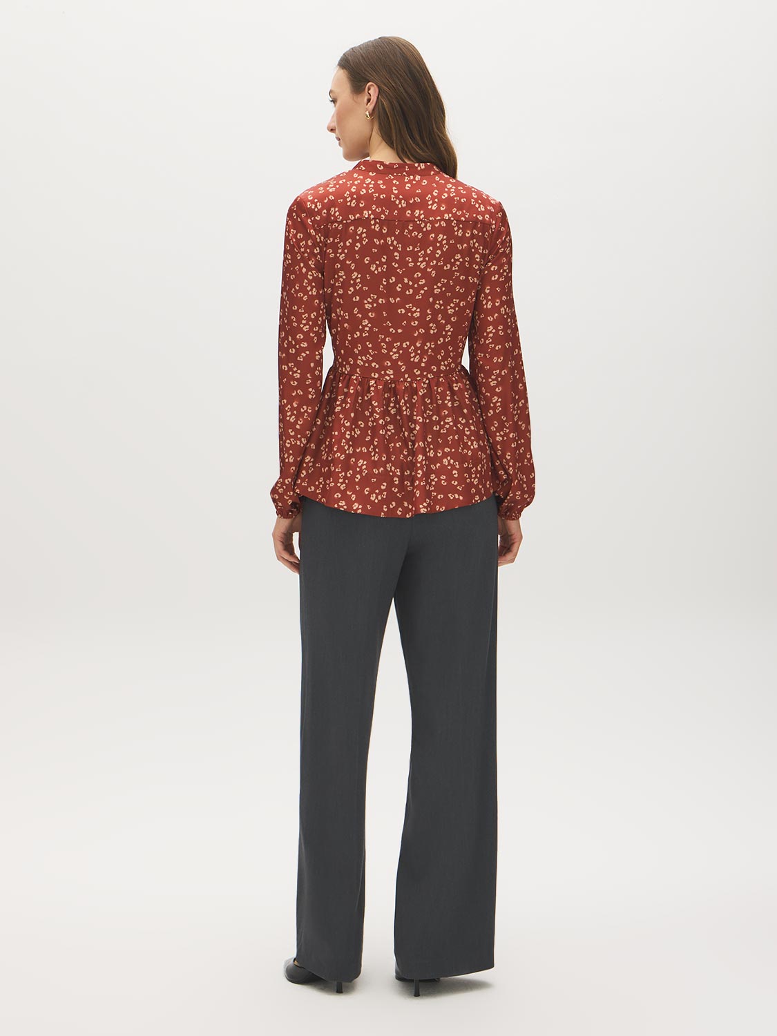 Arabian Spice Satin-Like Animal Print Peplum Blouse - Back View - Suzy Shier