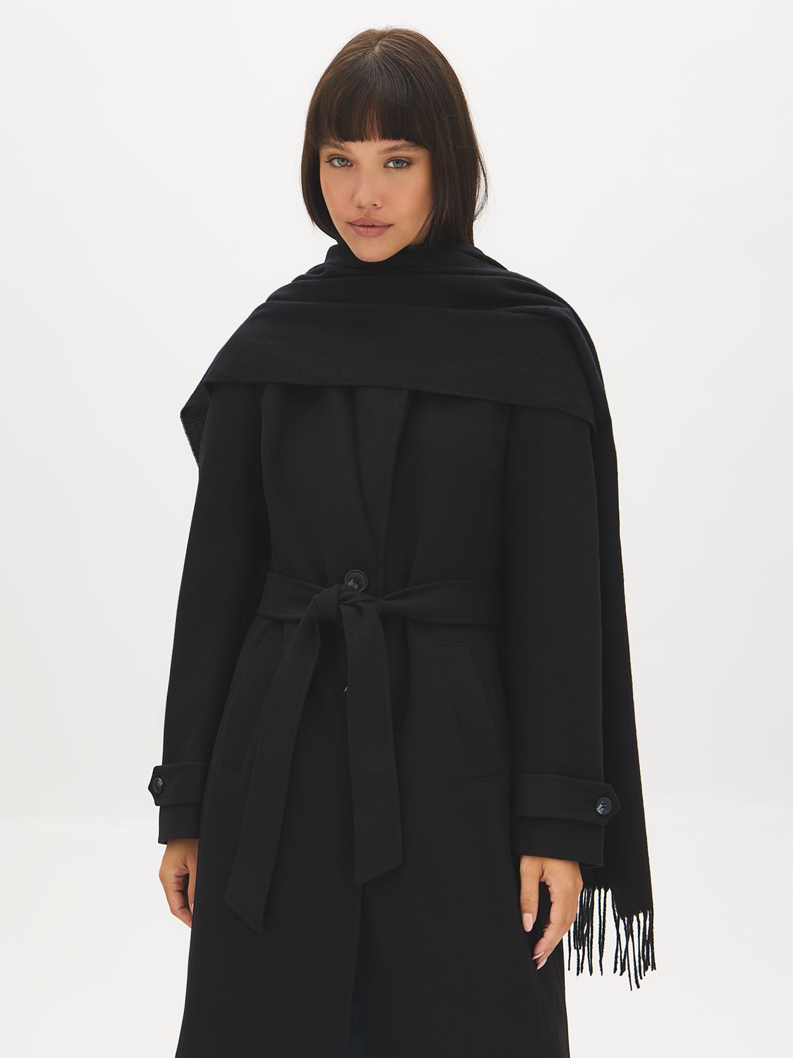 Black Soft Brushed Scarf with Fringes - Close-up Fringe Detail - Suzy Shier