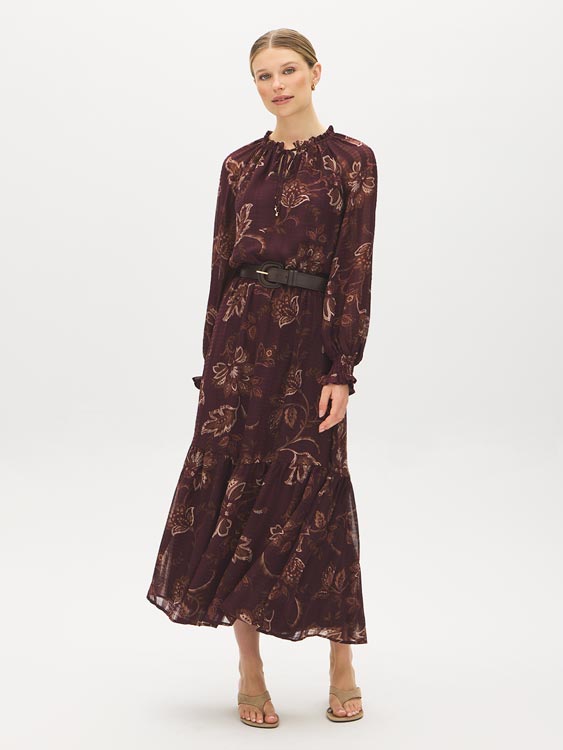 Winetasting Paisley Print Maxi Dress - Woman Wearing Long Sleeve Tiered Dress - Suzy Shier