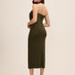 Khaki Twist Knot Halter Neckline Midi Dress - Woman Wearing Draped Skirt Detail Gown - Le Chateau