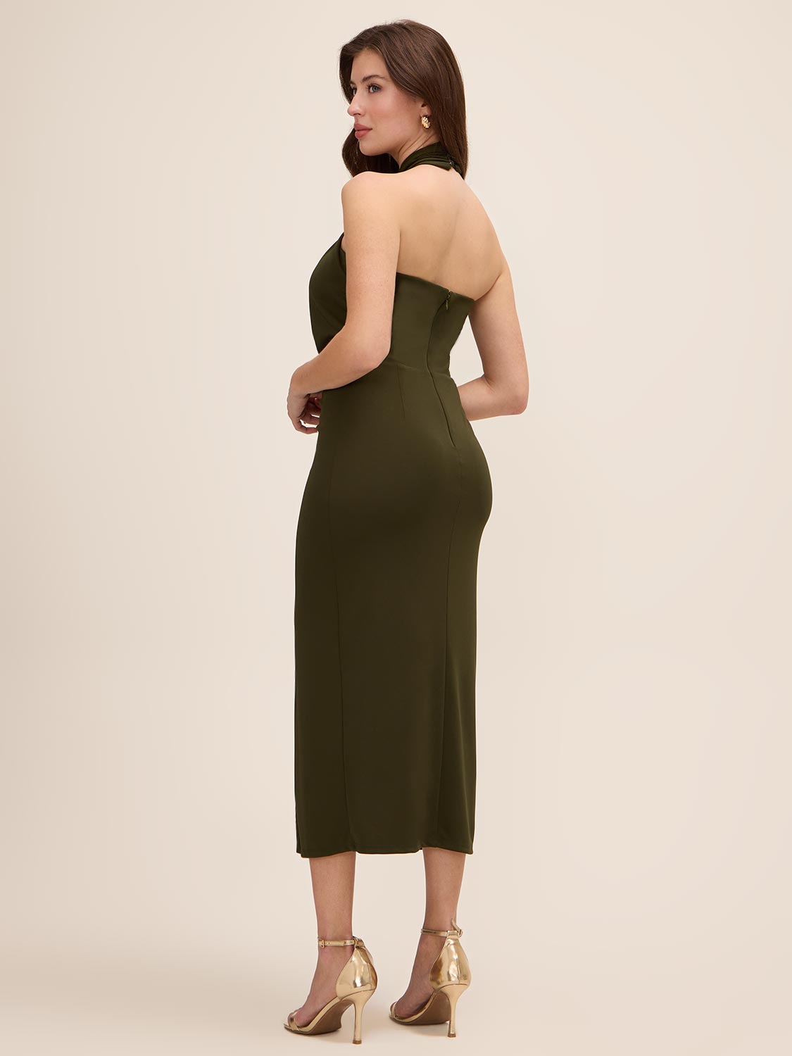 Khaki Twist Knot Halter Neckline Midi Dress - Woman Wearing Draped Skirt Detail Gown - Le Chateau