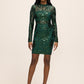 Dark Emerald Mock Neck Mesh Mini Dress - Woman Wearing Floral Sequin Pattern Dress - Le Chateau