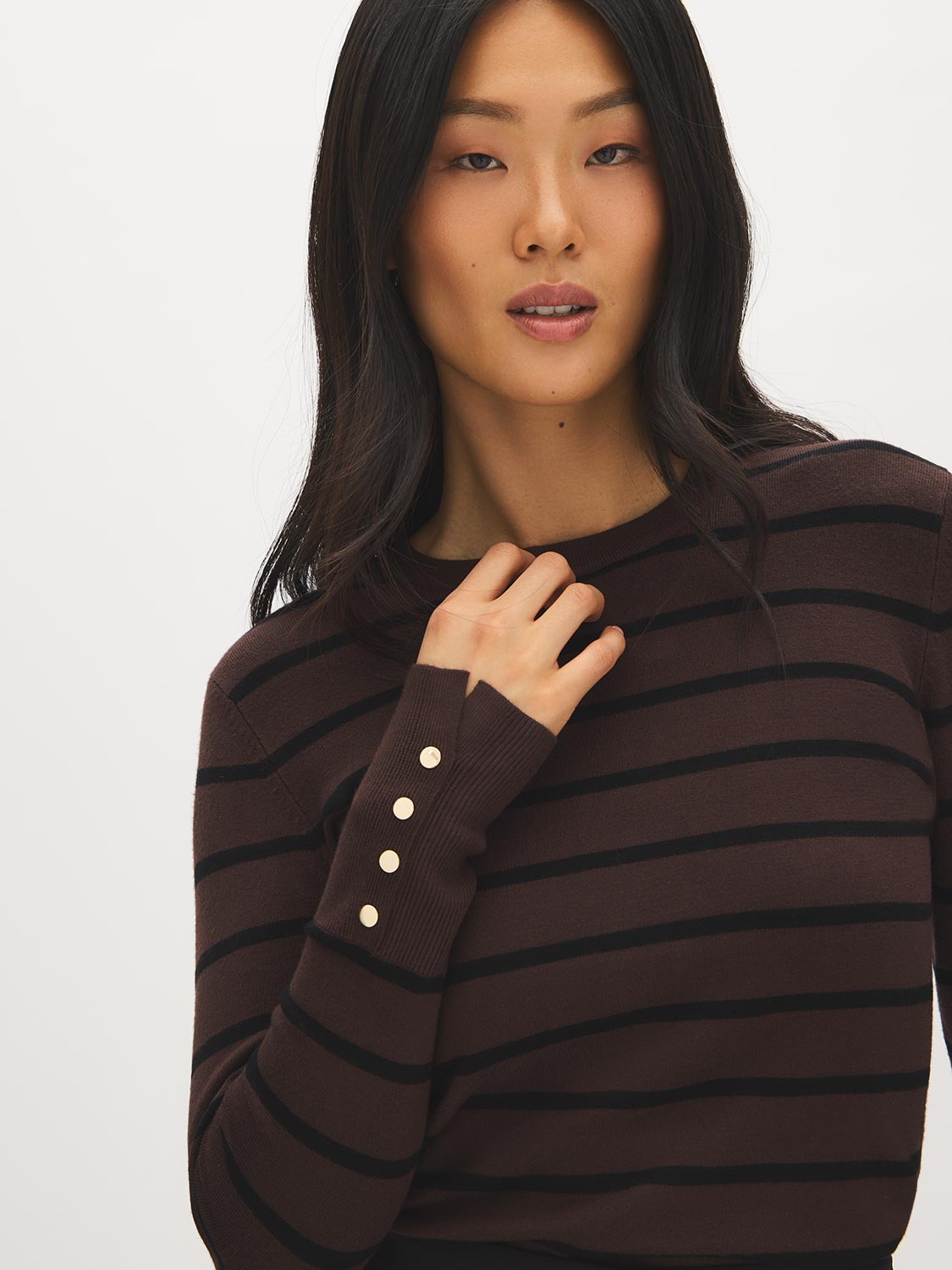 Coffee Bean/Black Stripe Knit Sweater with Snap Button Sleeves - Front View - Suzy Shier