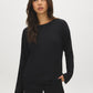 Black Crew Neck Hacci Top with Lace Trim - Woman Wearing Lace-Trimmed Knit Top - Suzy Shier