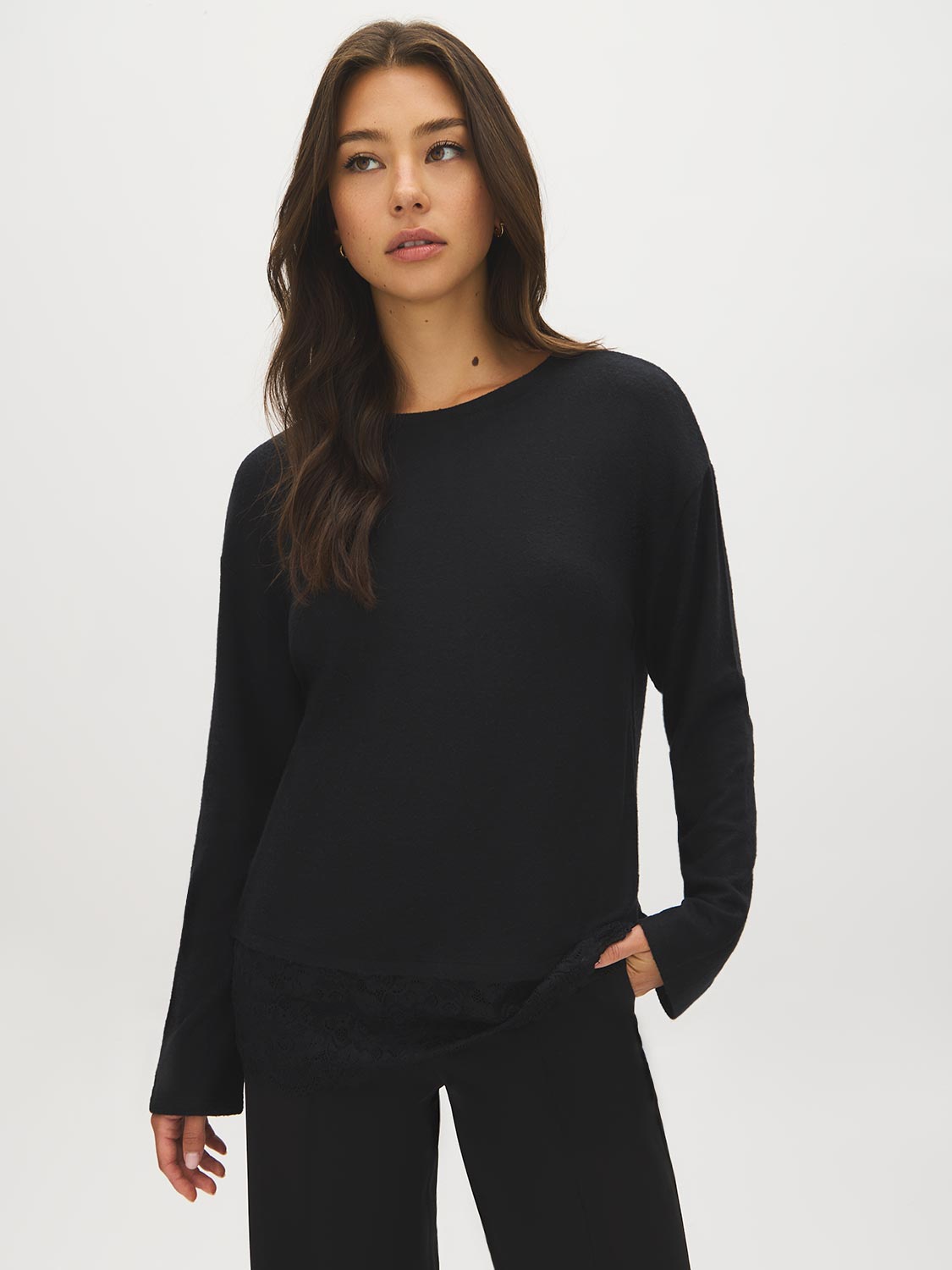 Black Crew Neck Hacci Top with Lace Trim - Woman Wearing Lace-Trimmed Knit Top - Suzy Shier