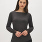Grey Melange Asymmetrical Hem Sweater - Woman Wearing Boat Neck Top with Lace Trim - Suzy Shier