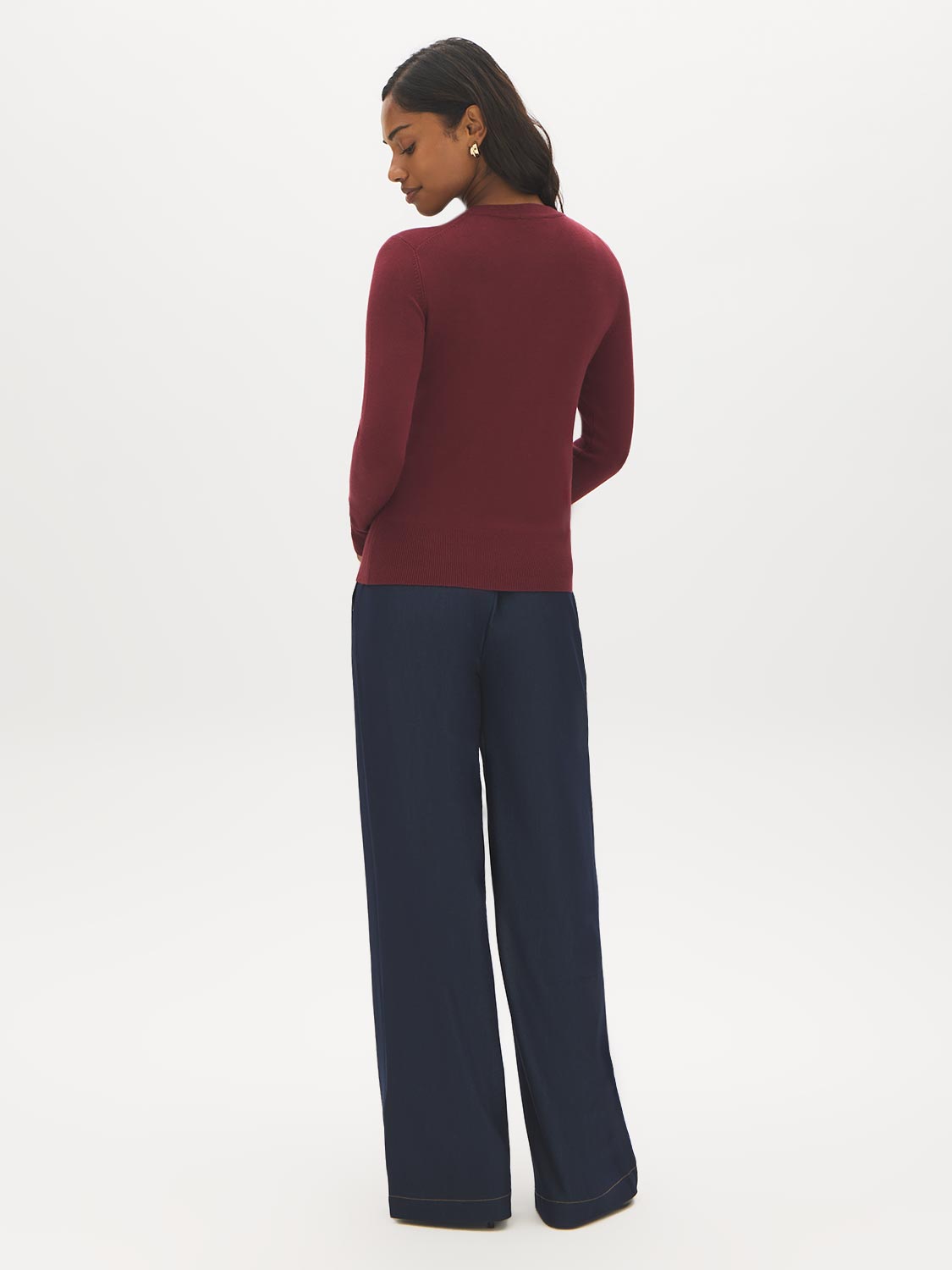 Merlot Snap Button Sleeve Knit Sweater - Woman Wearing Crew Neck Sweater with Sleeve Detail - Suzy Shier