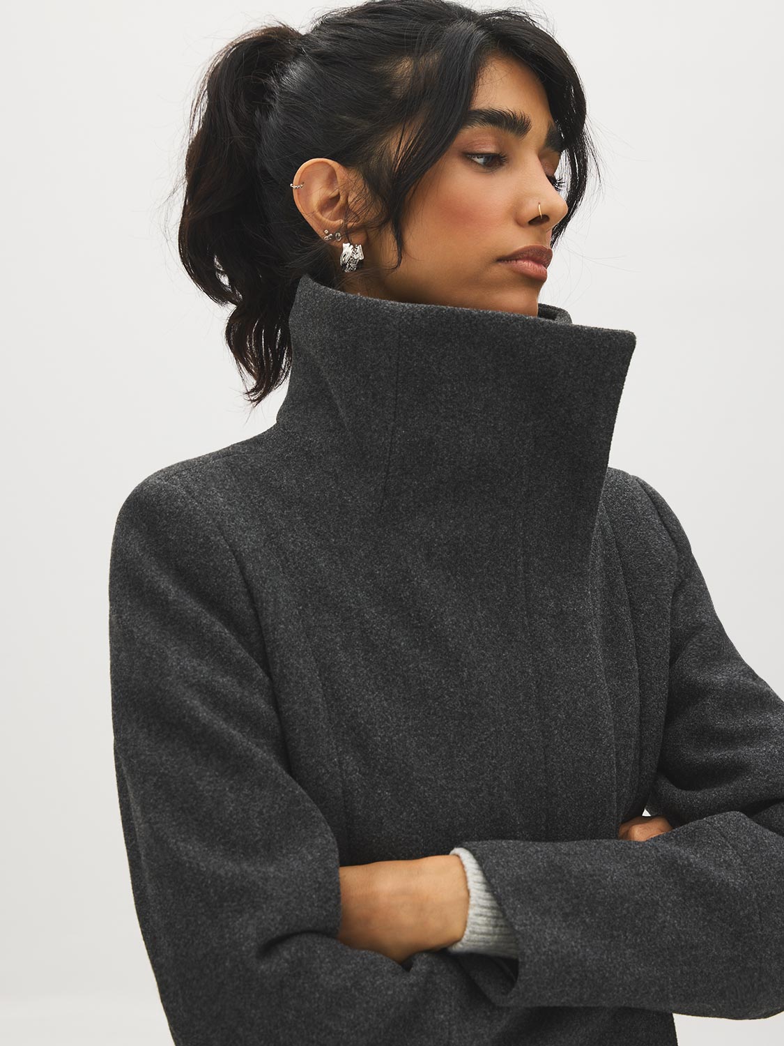 Dark Charcoal Melange Double Collar Mid-Length Coat with Belt - Side Profile View - Suzy Shier