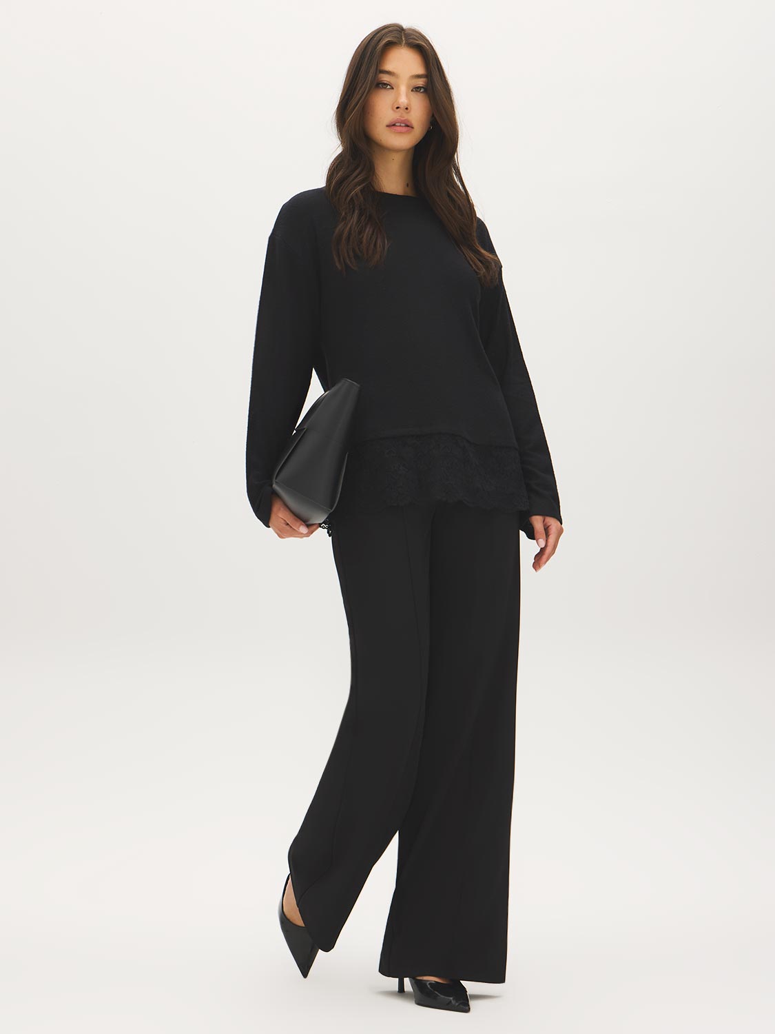 Black Crew Neck Hacci Top with Lace Trim - Side Profile View - Suzy Shier