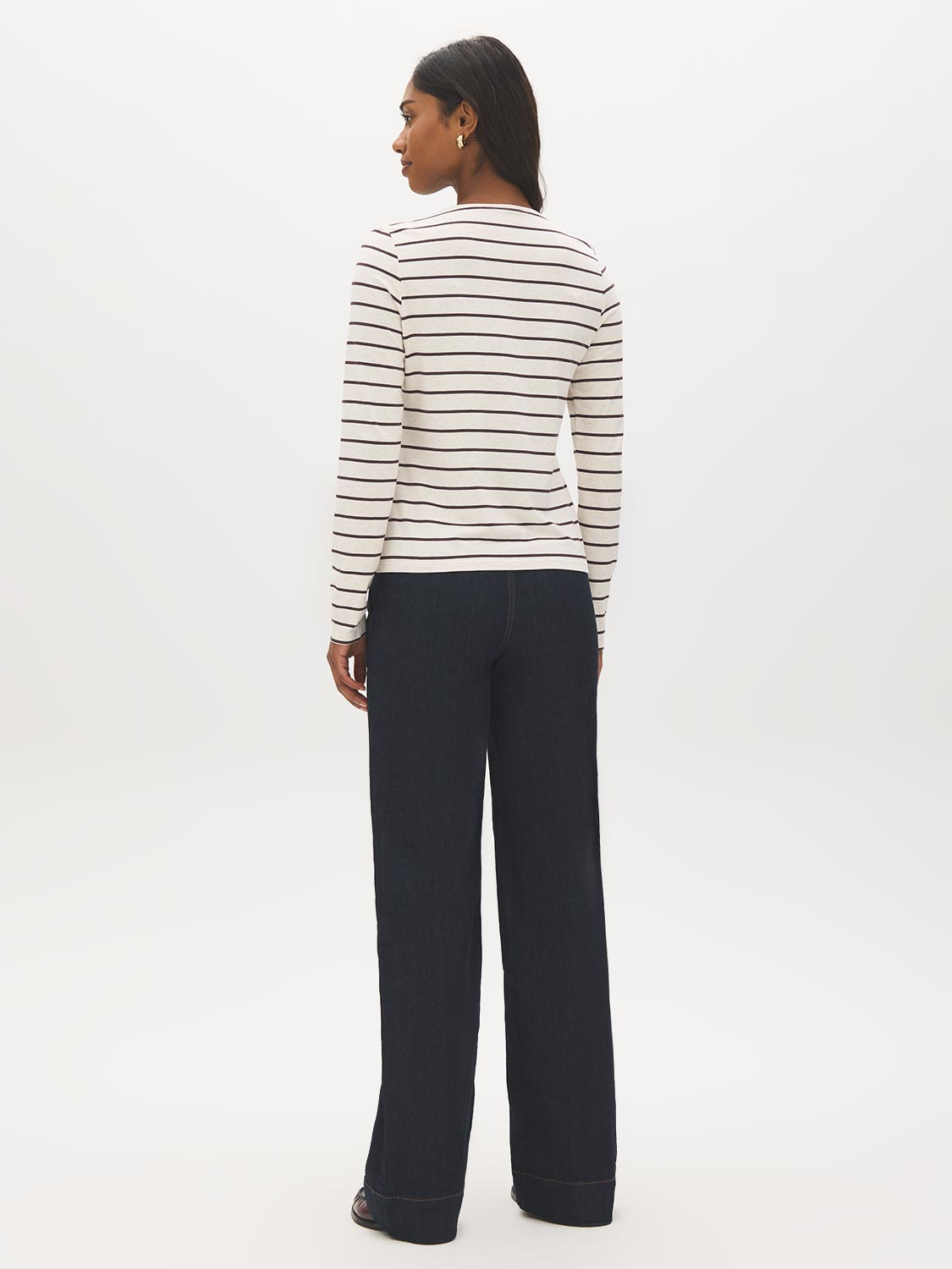 Beige Melange/Burgundy Striped Crew Neck Long Sleeve Top - Back View - Suzy Shier