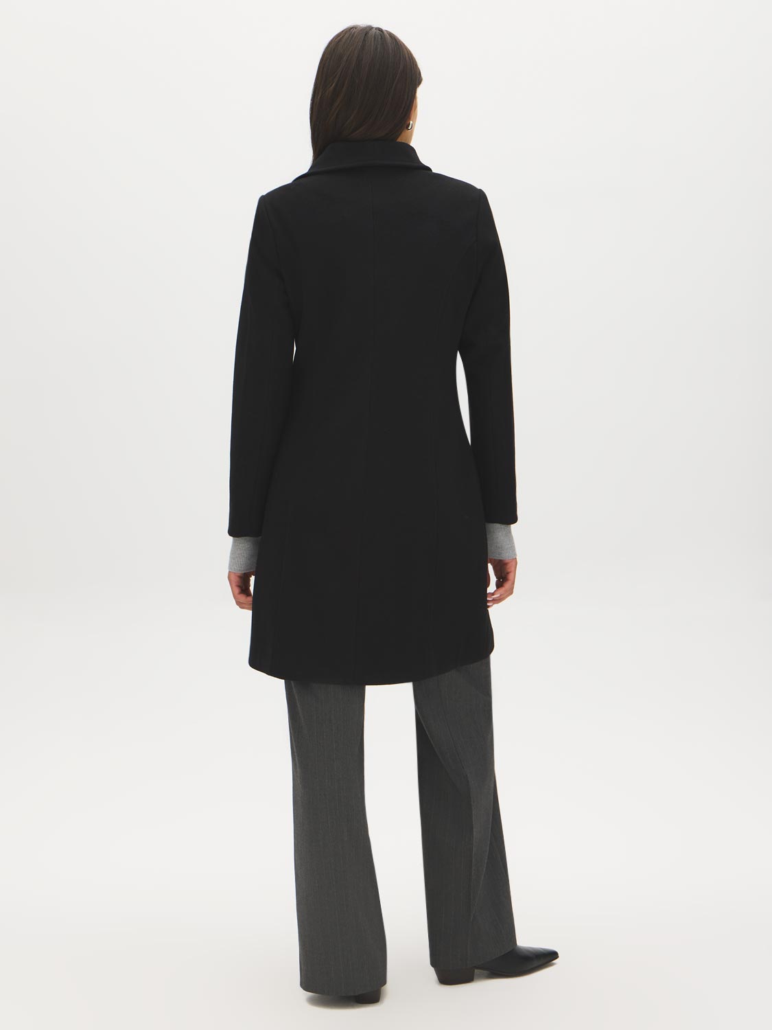 Black Asymmetrical Zip Front Faux Wool Coat - Back View - Suzy Shier
