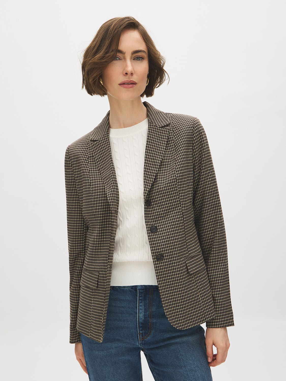 Brown/Beige Yarn-Dye Blazer with Contrast Collar - Side Profile View - Suzy Shier