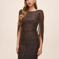 Bronze Metallic Crinkle Knit Gown with Cape - Close-up Front Detail - Le Chateau