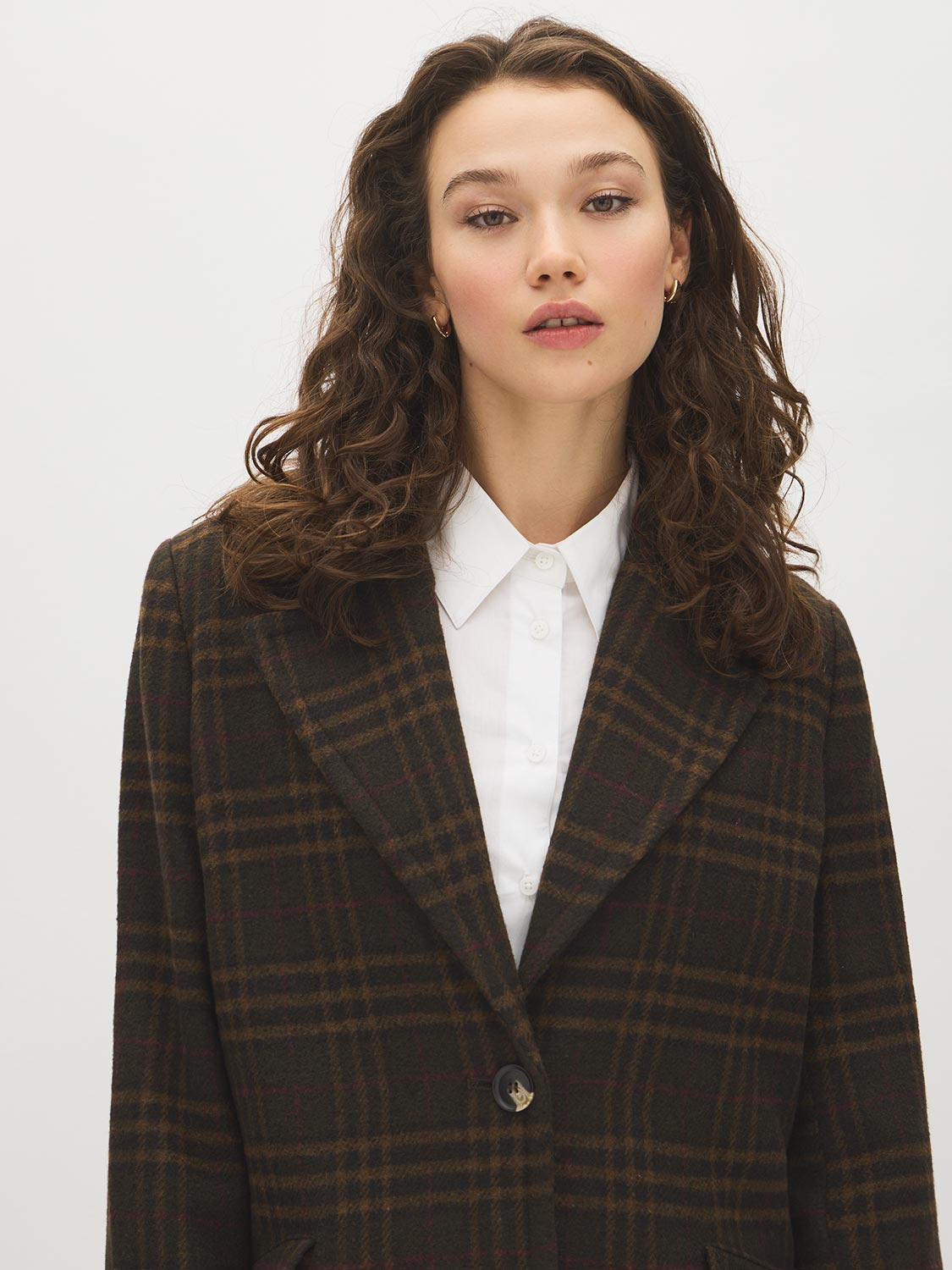 Plaid Brown Faux Wool Single-Breasted Coat - Front View - Suzy Shier