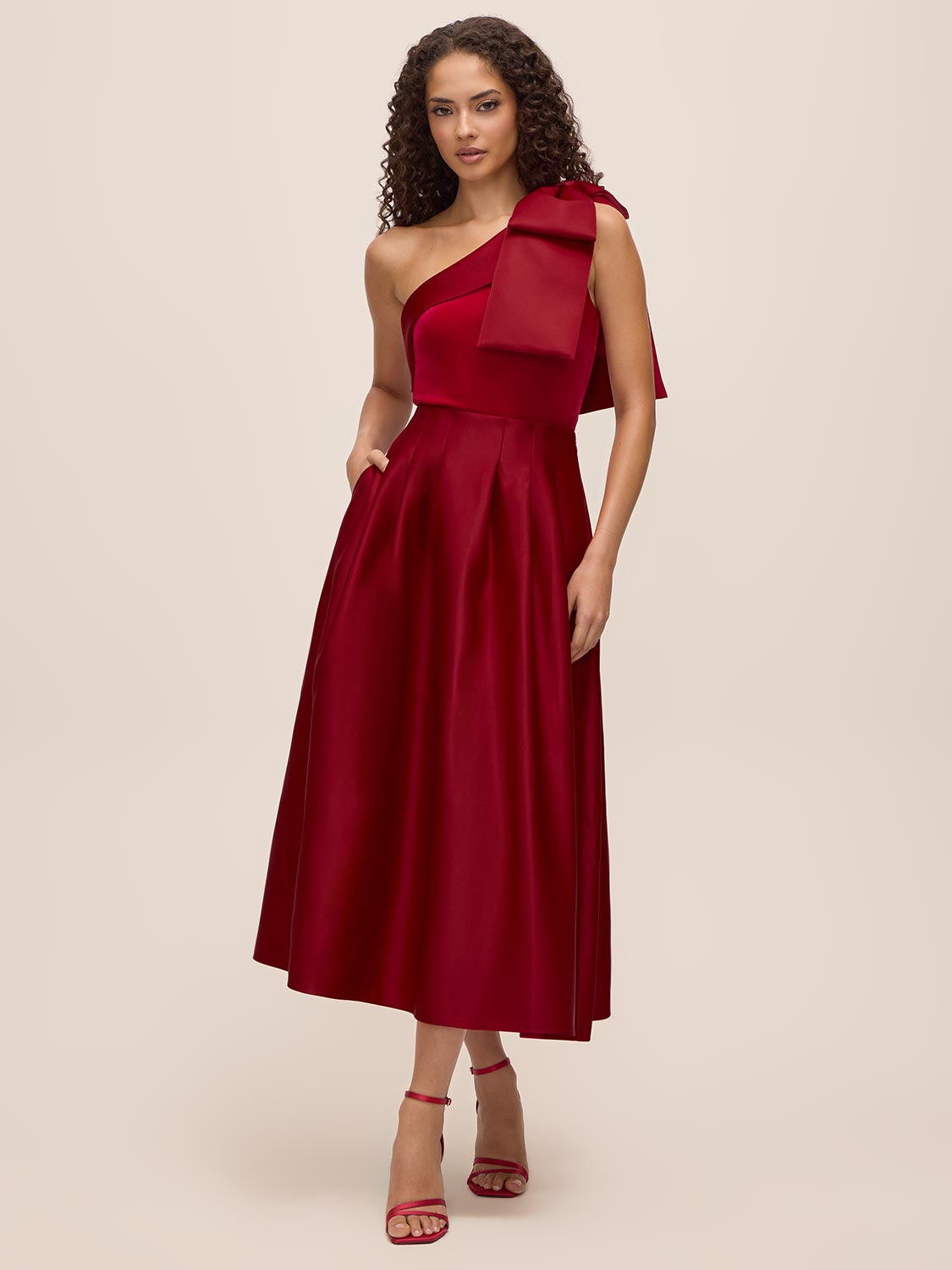 Lipstick Red Satin Pleated Skirt - Elegant Woven Fabric with Flowing Pleats - Le Chateau