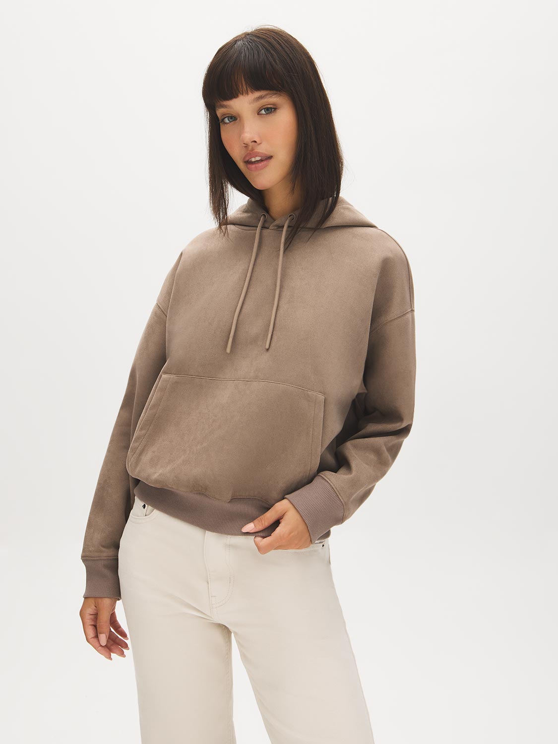 Wood Hooded Faux Suede Sweatshirt with Front Pocket - Woman Wearing Soft Knit Hoodie - Suzy Shier