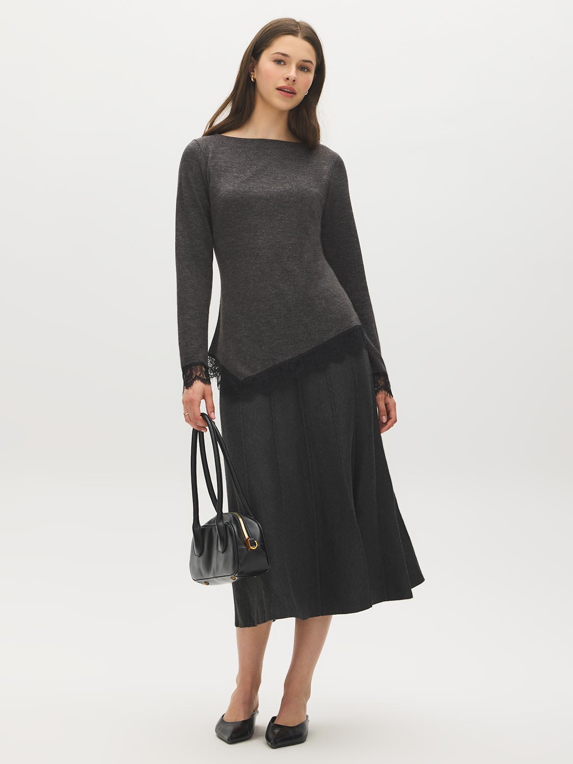 Grey Melange Asymmetrical Hem Sweater - Front View - Suzy Shier