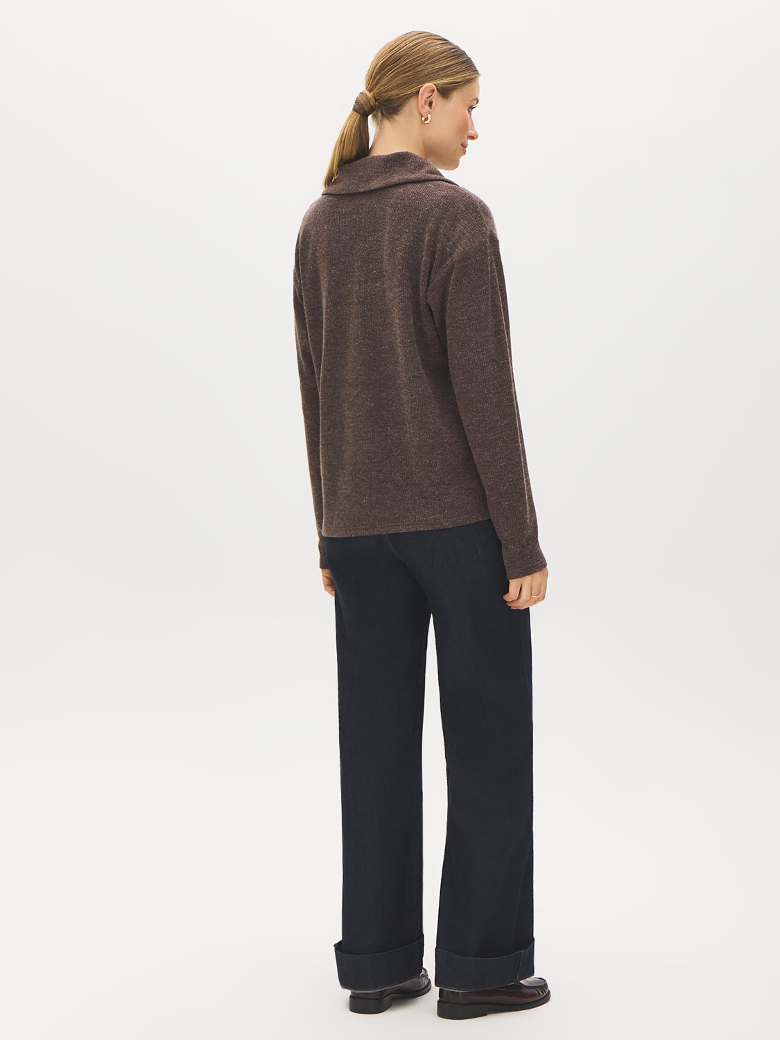 Coffee Bean Fluffy Rib Knit Top with Half Zip - Back View - Suzy Shier