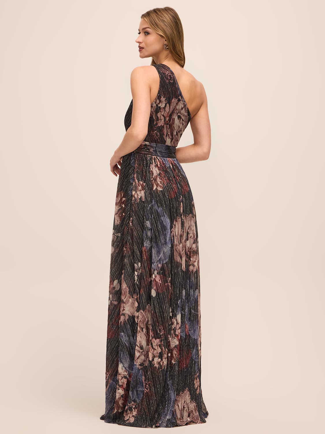 Dark Sapphire Bordeaux Floral One-Shoulder Gown - Back View - Le Chateau