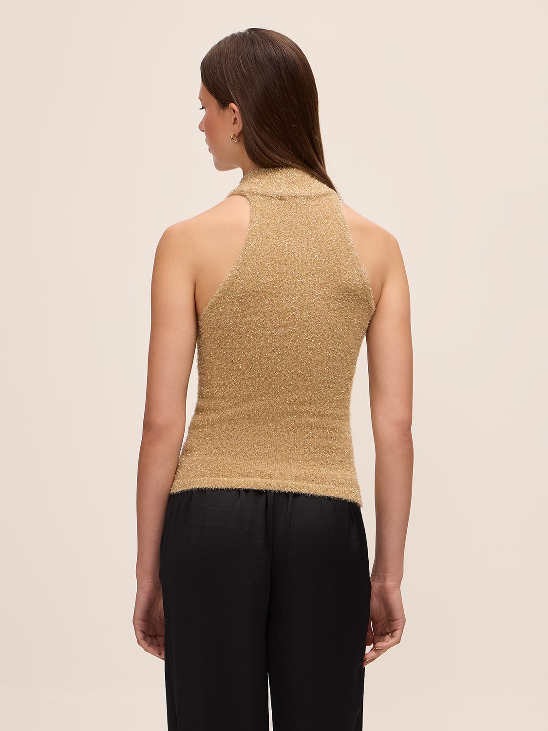 Gold Sleeveless Tinsel Lurex Knit Sweater - Back View - Le Chateau