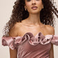 Pink Dust Off-Shoulder Foiled Velour Sheath Dress - Ruffle Detail - Le Chateau