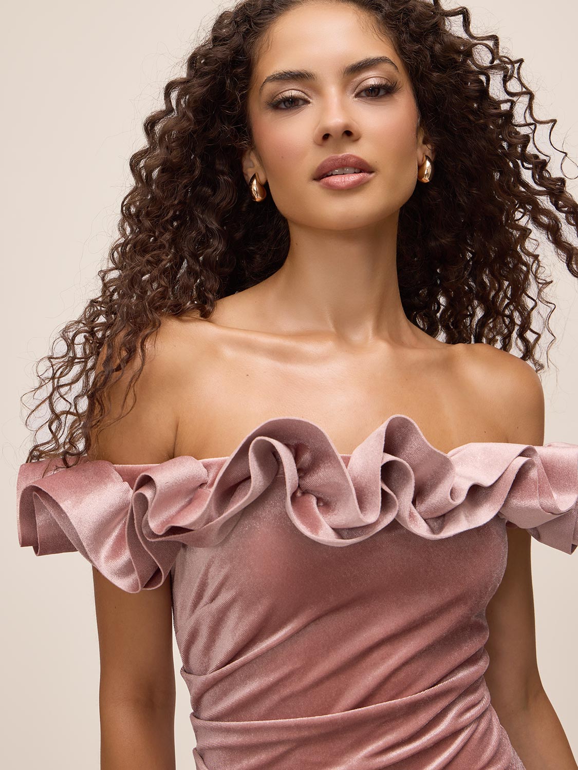 Pink Dust Off-Shoulder Foiled Velour Sheath Dress - Ruffle Detail - Le Chateau