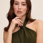 Khaki Twist Knot Halter Neckline Midi Dress - Woman Wearing Draped Skirt Detail Gown - Le Chateau