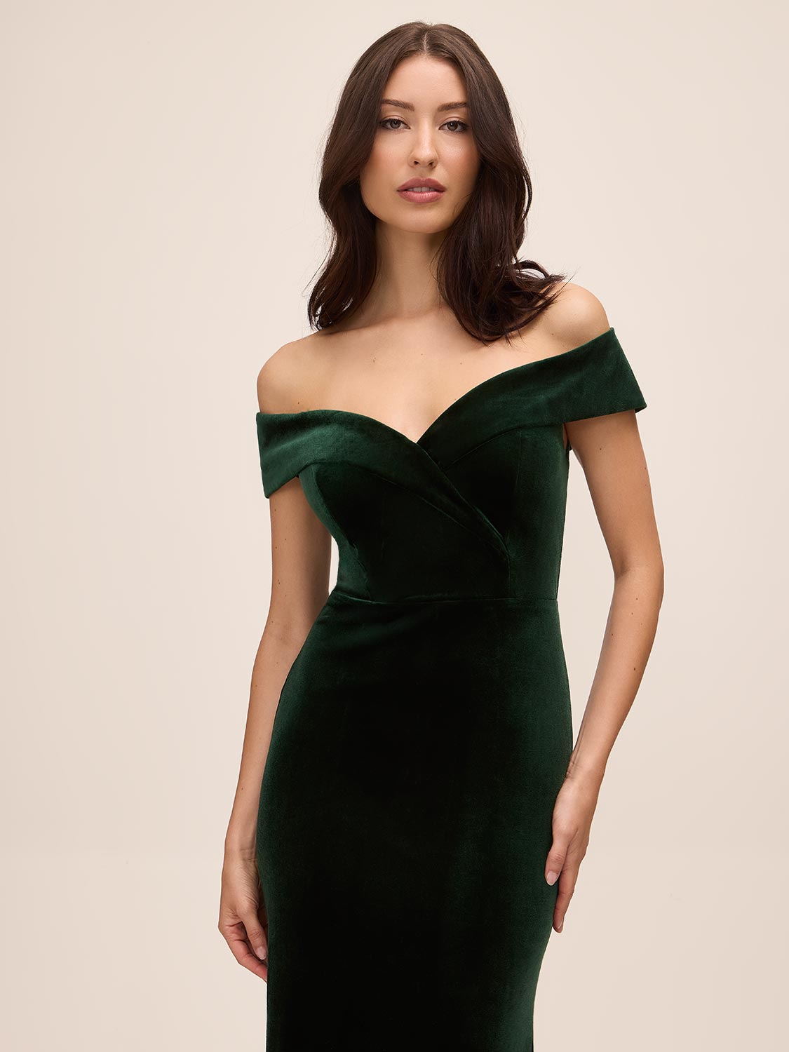 Dark Emerald Off-Shoulder Velour Mermaid Gown - Front View - Le Chateau