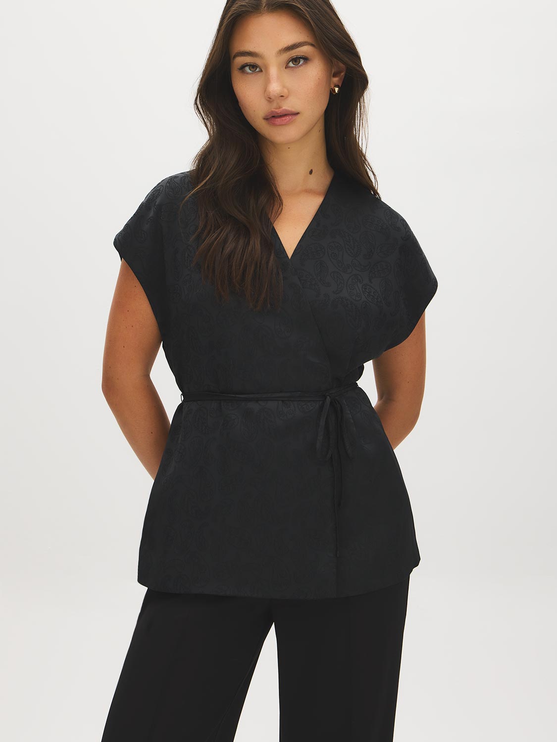 Black Kimono Wrap Blouse with Waist Tie - Woman Wearing Stylish Wrap Top - Suzy Shier