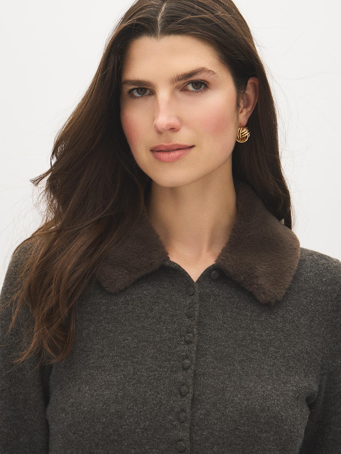 Dark Grey Knit Sweater Cardigan with Removable Fur Collar - Collar Detail - Suzy Shier