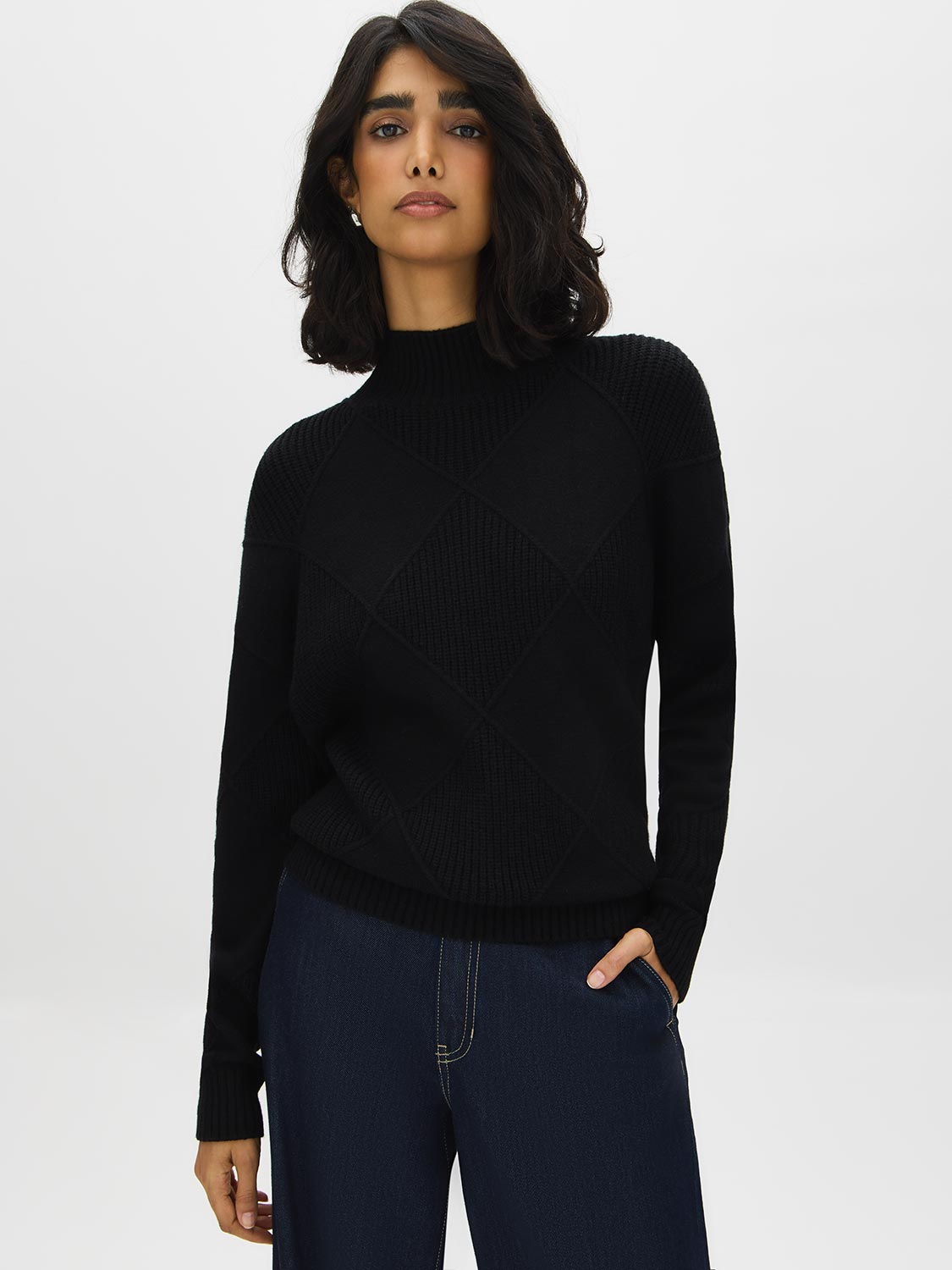 Black Mock Neck Sweater with Diamond Pattern - Woman Wearing Textured Knit Top - Suzy Shier