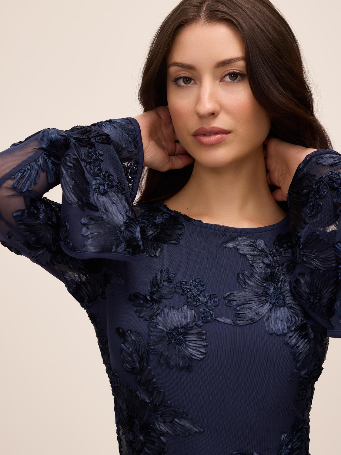 Midnight Blue Soutache on Mesh Pop-Over Mini Dress - Sleeve Detail - Le Chateau