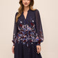 Dark Sapphire Border Floral Midi Dress with Puff Sleeves - Front View - Le Chateau