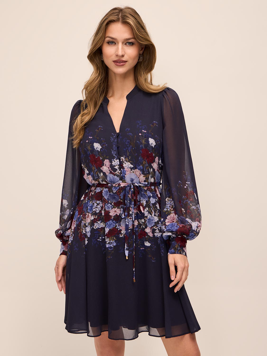 Dark Sapphire Border Floral Midi Dress with Puff Sleeves - Front View - Le Chateau