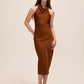 Toffee Draped Halter Neck Midi Dress - Woman Wearing Elegant Sleeveless Dress - Le Chateau