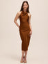 Toffee Draped Halter Neck Midi Dress - Woman Wearing Elegant Sleeveless Dress - Le Chateau