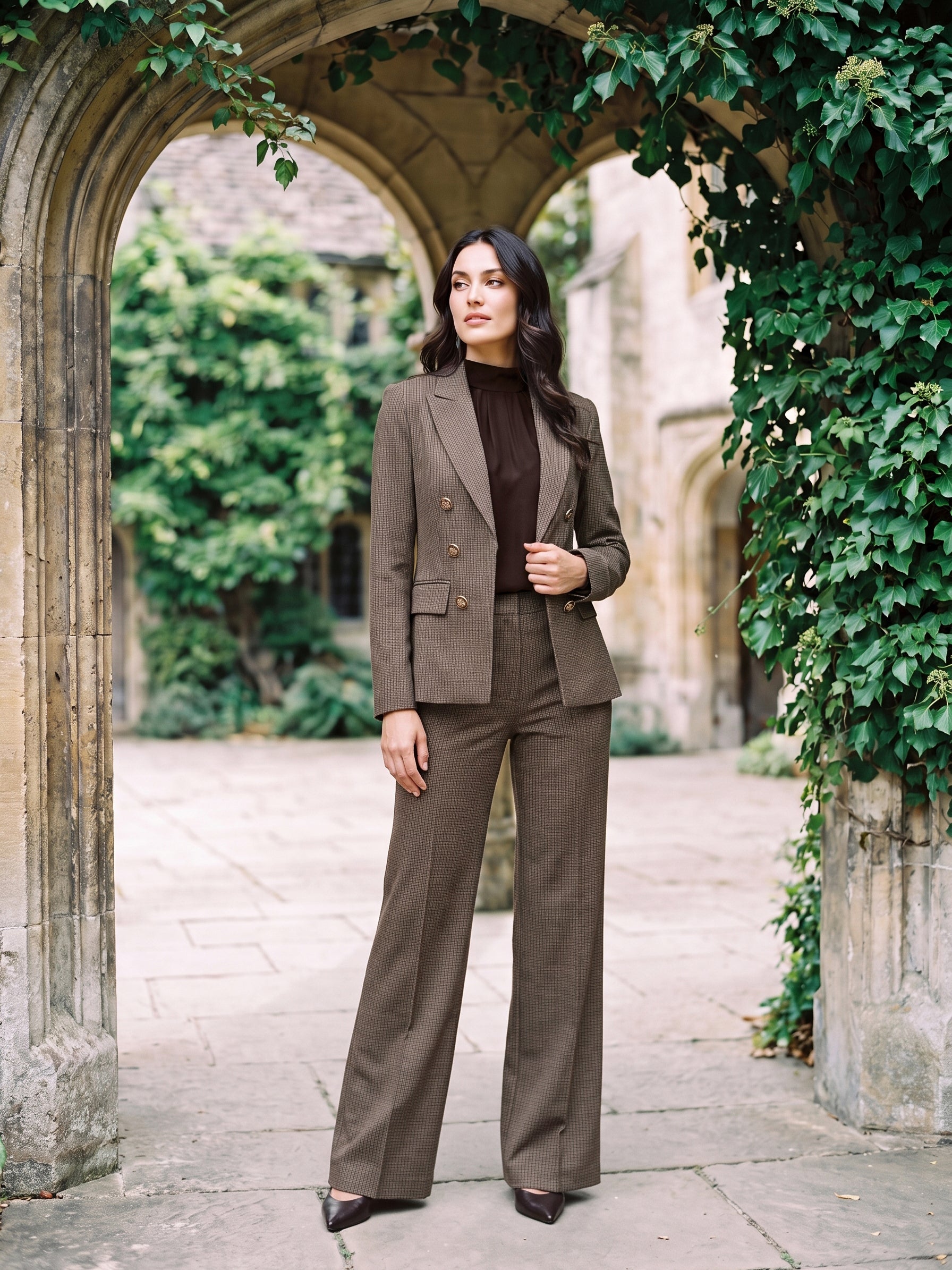 Oatmeal Check Bootcut Trouser Pant - Woman Wearing Tailored Checkered Trousers - Le Chateau