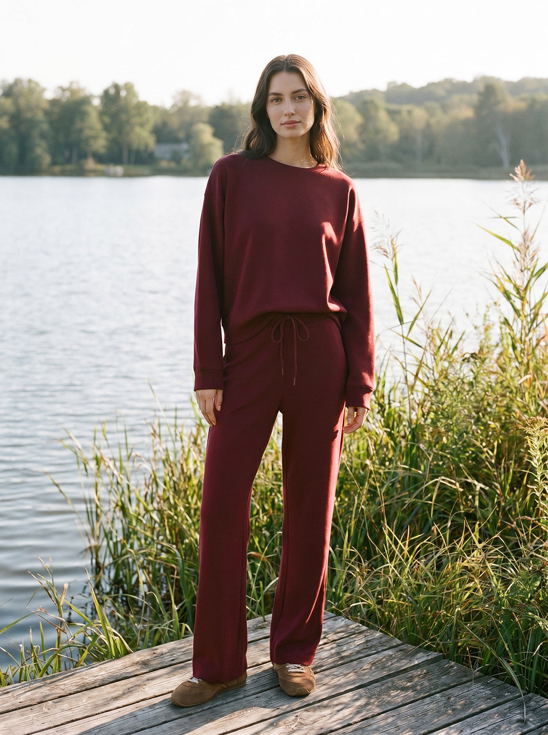 Wine Cloud Fleece Wide-Leg Pant - Woman Wearing Relaxed Fit Knit Pants - Suzy Shier