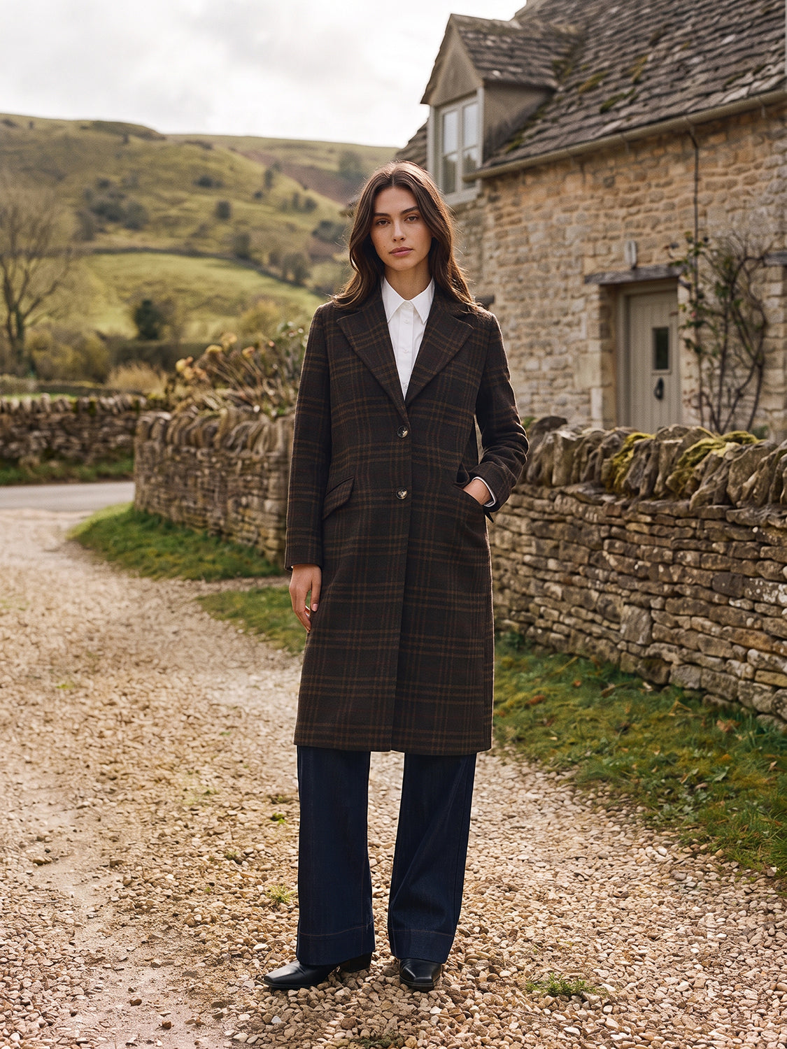 Plaid Brown Faux Wool Single-Breasted Coat - Woman Wearing Tailored Outerwear - Suzy Shier