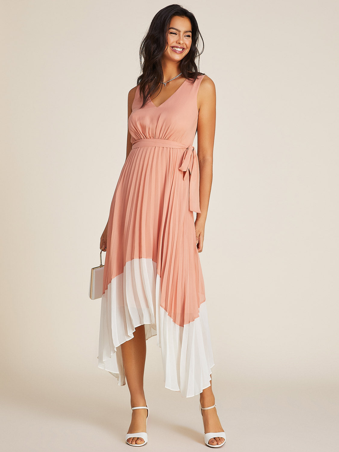 Sleeveless Pleated Chiffon Fit & Flare Knee Length Dress