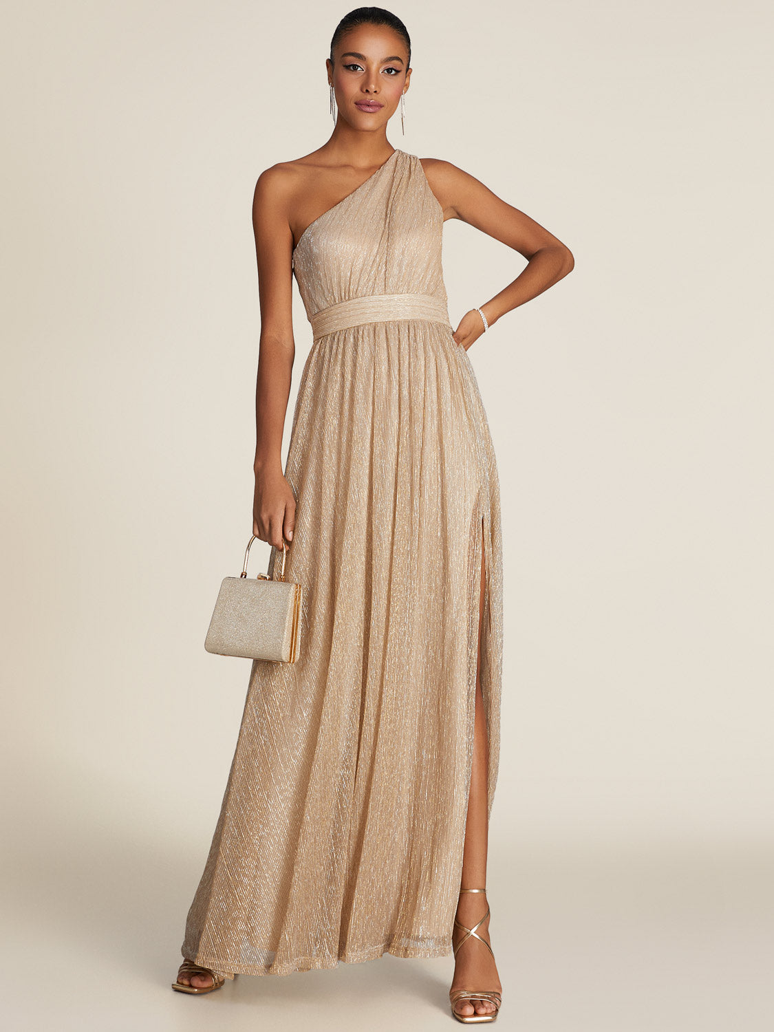One-Shoulder Metallic Gown With Front Cutout