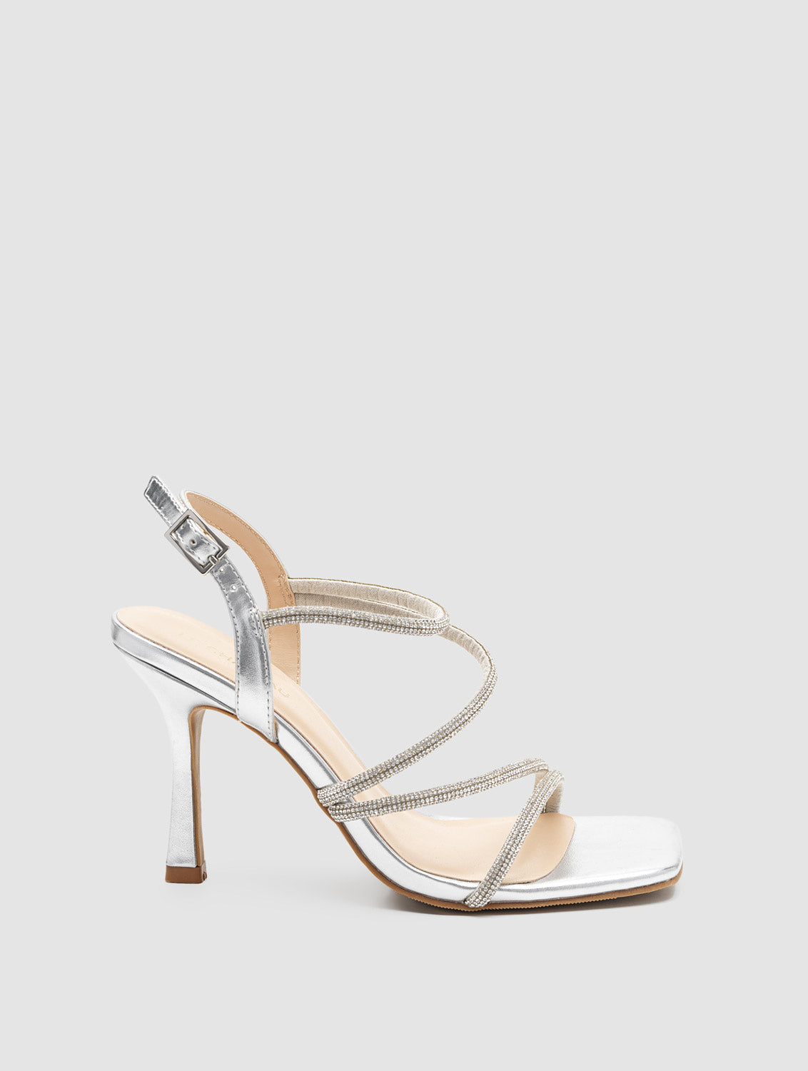 Square Toe High Heel Strappy Sandal With Rhinestones